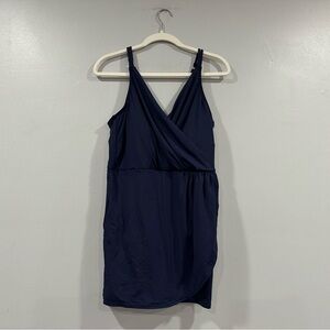 Lands' End Faux Wrap Vneck Navy Swim Dress Large L 14-16